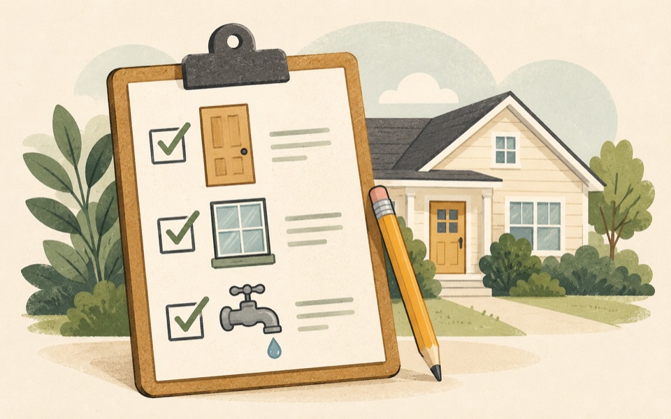 Illustrated home checklist with door, window and faucet symbols beside a house.