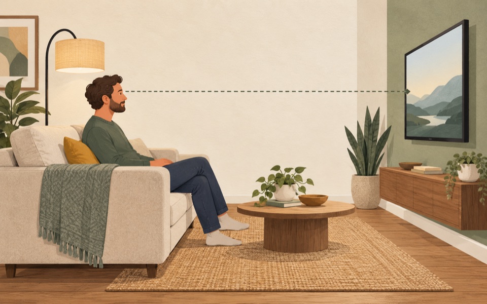 Illustration of a seated viewer facing a wall-mounted TV, with a dotted eye-level line.