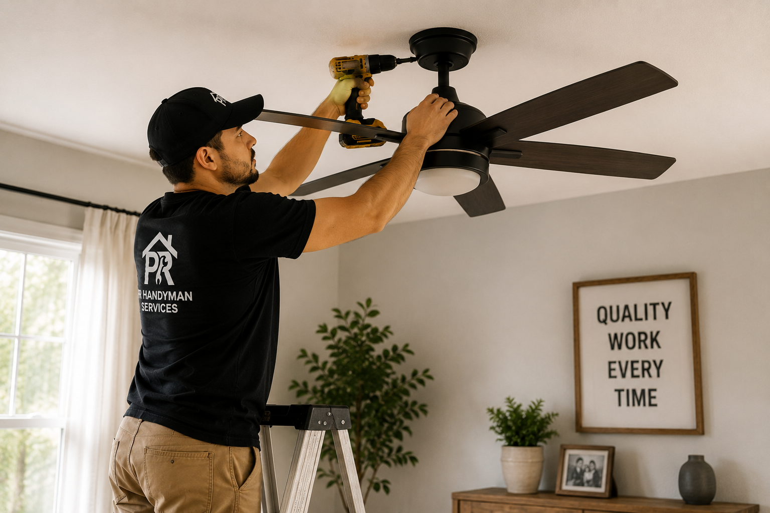 PR Handyman Services professional installing a ceiling fan