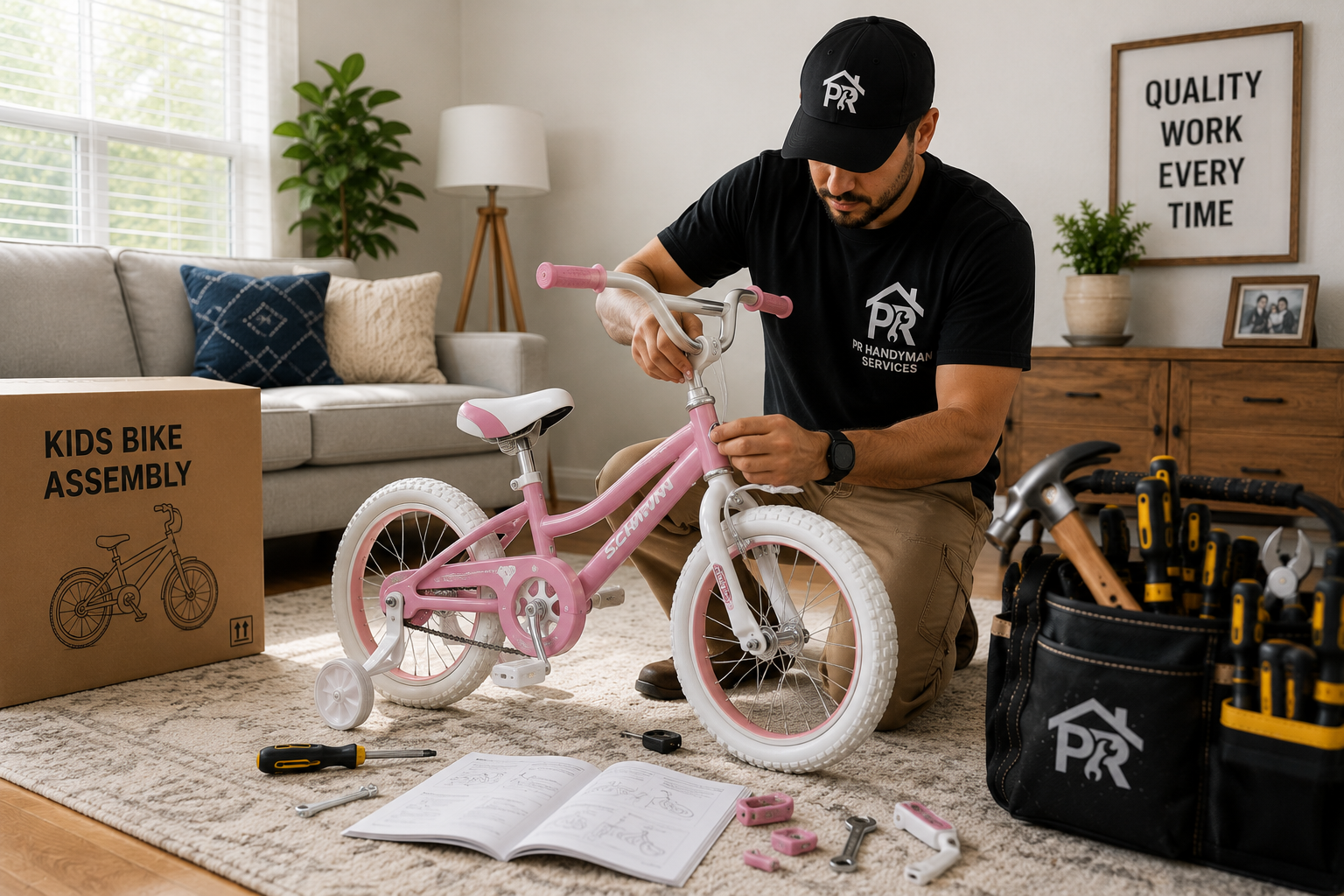 PR Handyman Services professional assembling a child’s bicycle