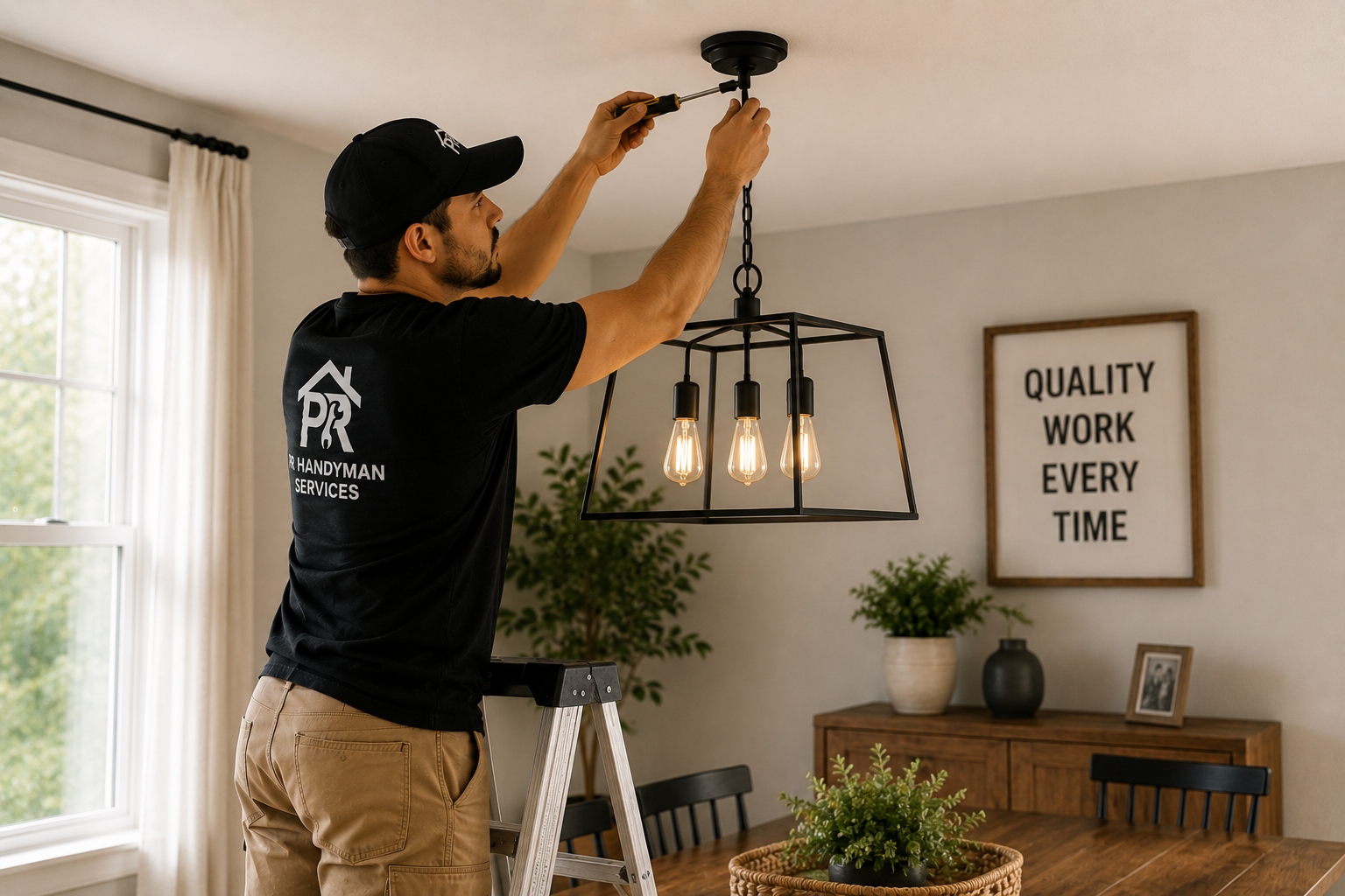 PR Handyman Services professional installing a hanging light fixture