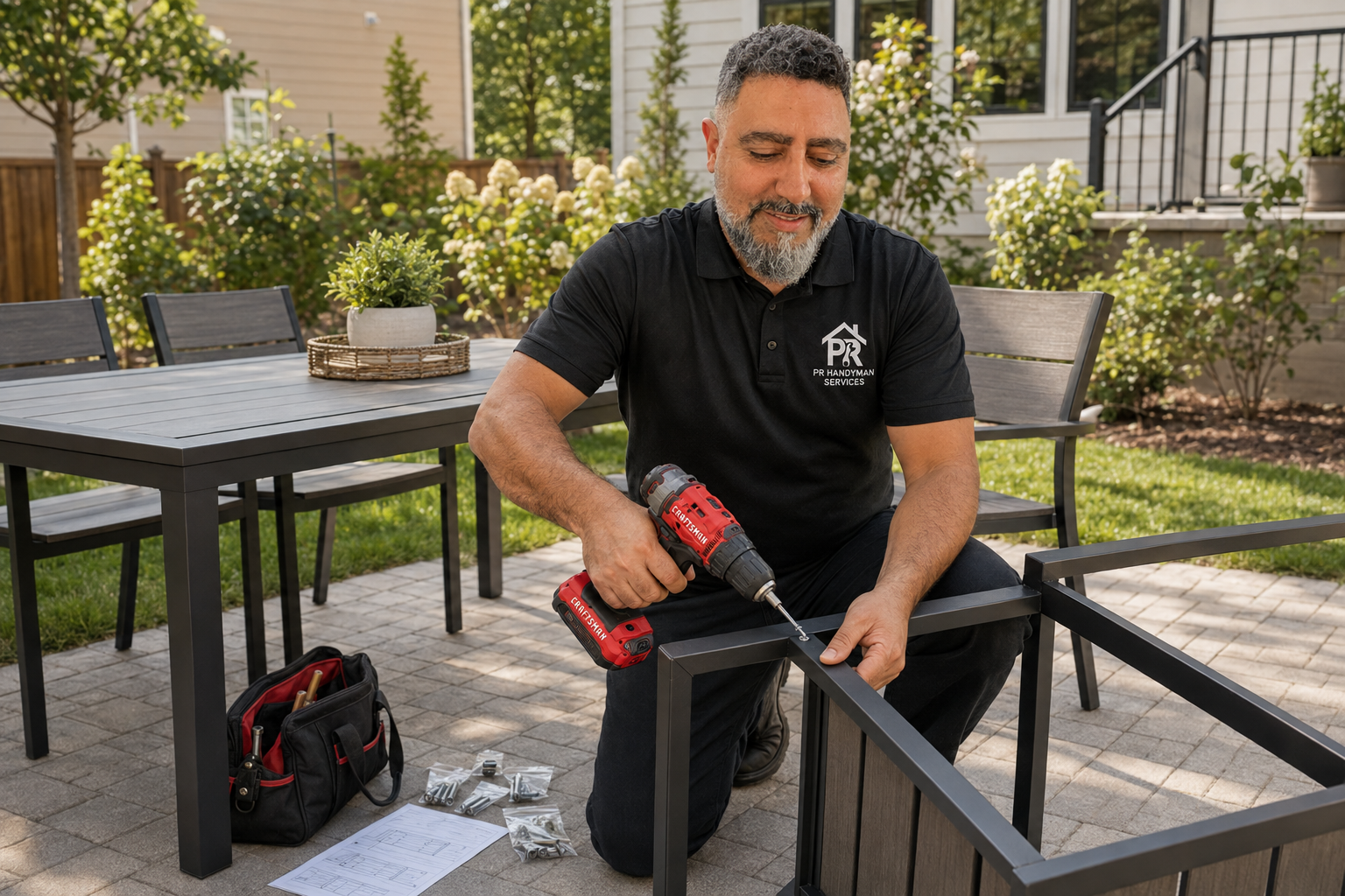 Angel from PR Handyman Services assembling patio furniture in a backyard